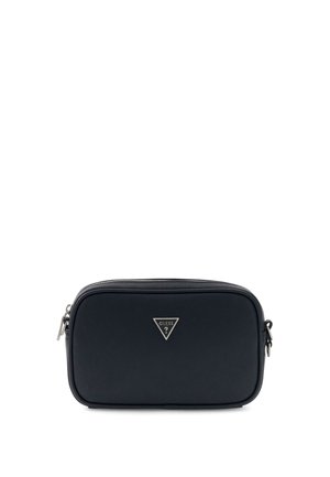 Petit sac bandoulière rectangulaire noir avec fermeture éclair et logo métallique Guess au centre devant