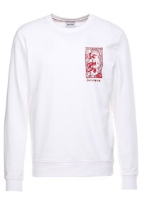 Bílý sweatshirt s kulatým výstřihem vyrobený z bavlny, s červeným grafickým potiskem na levé straně hrudi, s žebrovanými manžetami a lemem.