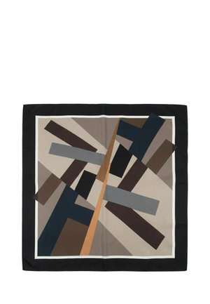 Pañuelo cuadrado con diseño geométrico abstracto que presenta rectángulos superpuestos en tonos gris, marrón, negro, azul marino y beige con un borde negro.