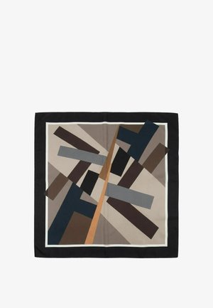 Pañuelo cuadrado con diseño geométrico abstracto que presenta rectángulos superpuestos en tonos gris, marrón, negro, azul marino y beige con un borde negro.