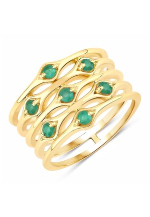 Gold-Multibandring mit wellenförmigem Design und fünf runden grünen Edelsteinen, die in gemusterten Akzenten eingefasst sind. Glatte Oberfläche mit reflektierendem Finish.