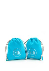 Zwei kleine, türkisfarbene Stoffbeutel mit Kordelzug, die ein weißes, kreisförmiges Logo mit dem Text "Elli" und einer silbernen Kordel-Akzentierung zeigen.