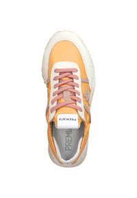 Orange and cream sneaker with a textured leather upper, pink laces, perforated detail on the toe, and logo on the tongue. Rubber sole.