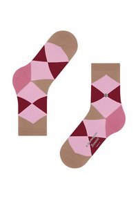 Skarpetki do kolan z wzorem diamentów w kolorach różowym, jasnoróżowym, czerwonym i beżowym. Miękka tkanina z prążkowanym mankietem i detalem logo.