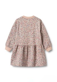 Vestido de manga larga con un estampado floral en rosa, azul y blanco. Presenta una falda fruncida y un cuello y puños de canalé. Textura de tela suave.