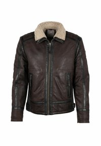 Giacca in pelle marrone con colletto in finta pelliccia, chiusura a zip, tasche laterali e strisce nere lungo le cuciture. Finitura morbida e testurizzata.