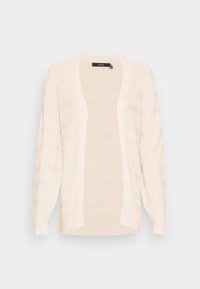 Långärmad kofta i mjukt beige stickat. Öppen fram med strukturerade ränder och en avslappnad silhuett. Har ribbade ärmslut och nederkant.