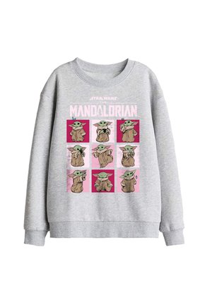 Hellgraues Sweatshirt mit neun bunten Cartoon-Baby-Yoda-Illustrationen in verschiedenen Posen und dem Text „Star Wars The Mandalorian“ darüber.