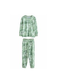 Grünes gemustertes Schlafanzug-Set mit einem Langarmoberteil, das Monde und Sterne zeigt, sowie einer Hose mit elastischem Bund und passenden Designs. Weicher Stoff.