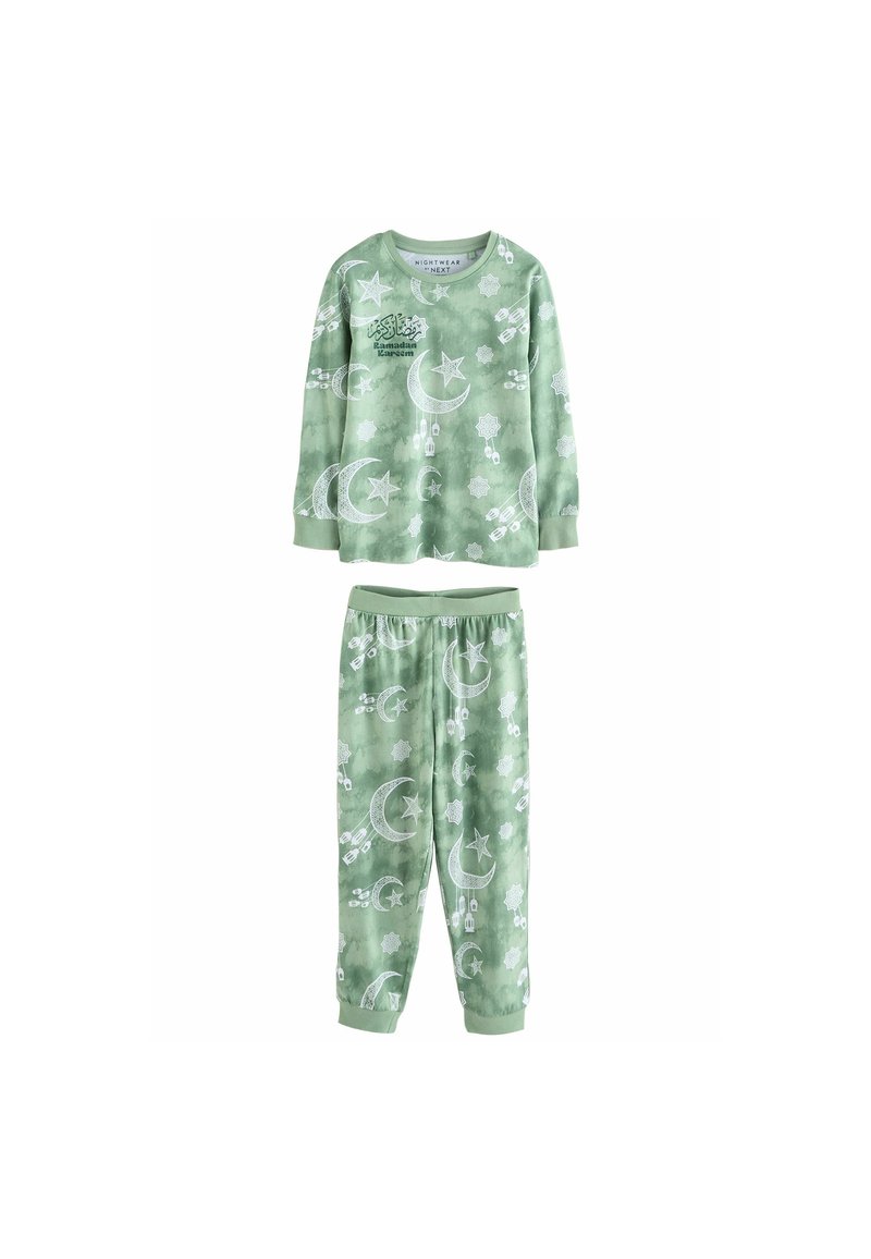 Grünes gemustertes Schlafanzug-Set mit einem Langarmoberteil, das Monde und Sterne zeigt, sowie einer Hose mit elastischem Bund und passenden Designs. Weicher Stoff.