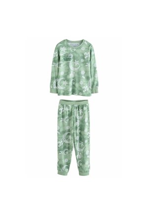 Set pigiama verde con maglia a maniche lunghe e pantaloni con lune crescenti bianche, stelle, lanterne e testo in arabo e inglese sulla maglia.