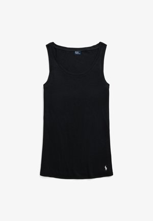 Schwarzes ärmelloses Tanktop mit U-Boot-Ausschnitt und kleinem weißen eingesticktem Logo nahe dem Saum vor weißem Hintergrund.