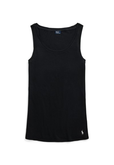 Débardeur noir sans manches avec encolure dégagée et petit logo blanc brodé près de l'ourlet sur fond blanc.