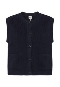 Cardigan senza maniche blu navy in maglia con scollo rotondo, cinque bottoni neri e due tasche applicate frontali, etichetta "Brax" all'interno del collo.