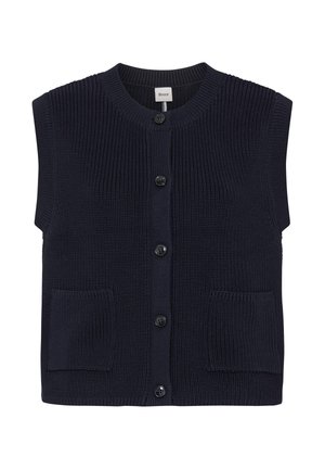 Mørkeblå strikket ærmeløs cardigan med rund halsudskæring, fem sorte knapper og to forlommer med lap, mærke "Brax" indeni kraven.