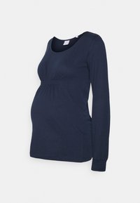 T-shirt de maternidade de manga longa azul marinho, com decote arredondado, detalhe franzido na cintura e punhos elásticos para conforto.