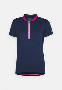 Maillot de ciclismo de manga corta azul marino con cremallera frontal en rosa y blanco, y ribete rosa en el cuello.