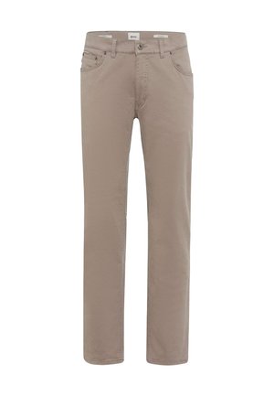 Beige Baumwollhosen mit geradem Schnitt, fünf Taschen und einem Reißverschluss. Verfügt über Metallbeschläge und Stichdetails entlang der N�ähte.