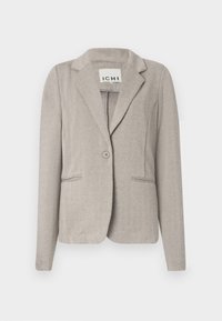 Hellgrauer Fischgrätenblazer mit einer einzelnen Knopfschließe, zwei vorderen Taschen und Reverskragen. Hergestellt aus strukturiertem Stoff.
