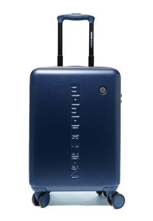 Valise rigide bleu marine avec quatre roulettes pivotantes, poignée rétractable et marquage vertical embossé « mimi DESIGN ».