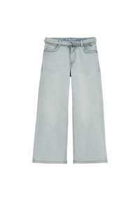 Hele sinise laia säärega teksad, mis on valmistatud dermist. Omadeks on klassikaline nööpide ja tõmblukuga kinnis, vööaasad ja esimesed taskud. Pleekinud tekstuur.