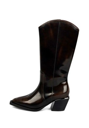 Botas de cuero sintético marrón hasta la rodilla con punta afilada, tacón angular y diseño elegante. El acabado brillante resalta los contornos.