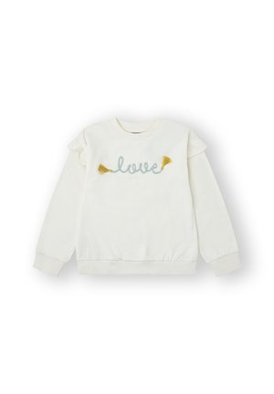 Sudadera color crema con acentos de hombro con volantes, que presenta el bordado de "amor" en azul y borlas amarillas en el frente. Material de algodón.