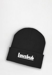 Black knit beanie with a ribbed texture, featuring a white rectangular patch labeled "lausbub" on the cuff.