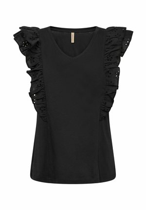 Top negro sin mangas con escote en V, hombros acampanados con detalles de ojales y una textura de tela suave.