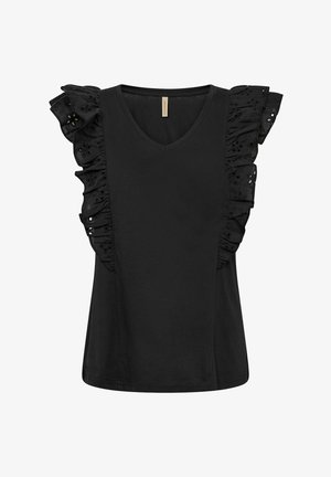 Top senza maniche nero con scollatura a V, spalle arricciate con dettagli in eyelet e una texture di tessuto liscia.