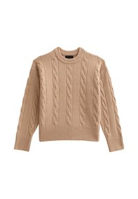 Beige stickad tröja med flätstickade mönster, långa ärmar, ribbade manschetter, krage och nederkant.