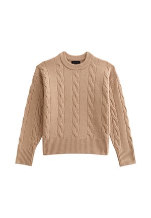 Beige knitted sweater with cable stitch patterns, long sleeves, ribbed cuffs, collar, and hem.