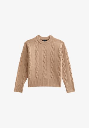 Beige gestrickter Pullover mit Zopfmuster, langen Ärmeln, gerippten Bündchen, Kragen und Saum.