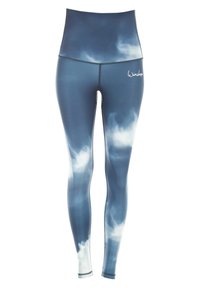 Højtaljede leggings i blå med et sky-mønster. Lavet af strækbart materiale med en glat tekstur. Har kontrasterende syninger.