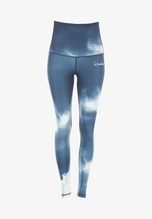 Högmidjade leggings i blått med ett molnmönster. Tillverkade av stretchigt material med en slät yta. Har kontrasterande sömmar.