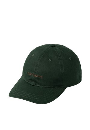 Ciemnozielona czapka baseballowa Carhartt z zakrzywionym daszkiem i sześcioelementowym szwem.
