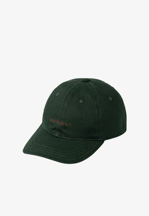 Ciemnozielona czapka baseballowa Carhartt z zakrzywionym daszkiem i sześcioelementowym szwem.