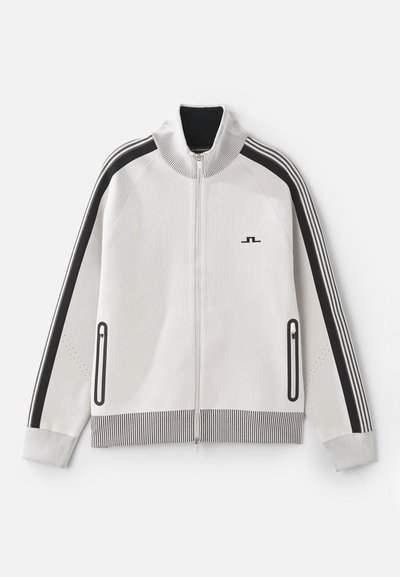Veste zippée gris clair avec des accents noirs. Présente un col côtelé, des manches rayées et deux poches latérales zippées ; tissu texturé.