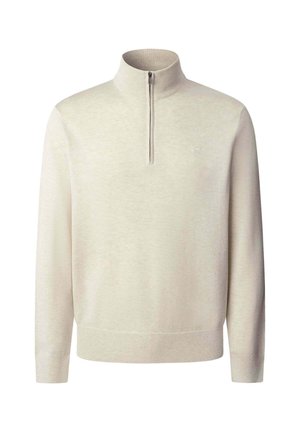 Pull-over beige à manches longues avec une demi-fermeture éclair à l'avant et un petit logo brodé sur la poitrine, col et poignets côtelés.