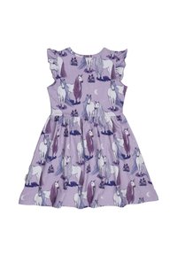 Lila Kleid mit einem Einhornmuster, das weiße Einhörner und florale Akzente zeigt. Es hat kurze Rüschensäume und einen ausgestellten Rock.