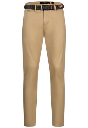 Tan trousers made of cotton with a fitted design. Features a black woven belt with leather accents and a subtle texture.