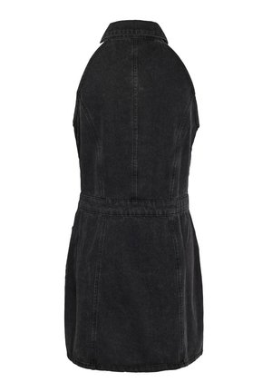 Zwart denim jurk met een gekraagde achterkant, getailleerde taille en uitlopende rok. Kenmerkt zich door een zachte textuur en strakke naden.