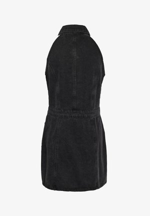 Black denim dress with a collared back, fitted waist, and flared skirt. Features a smooth texture and clean seams.