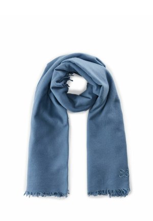 Soft blue scarf folded with fringed edges and a small embroidered flower detail on one end, laid flat on a white background.