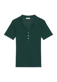 Ciemnozielona, prążkowana koszulka polo z krótkim rękawem, z kołnierzykiem i trzema białymi guzikami na przedniej listwie.