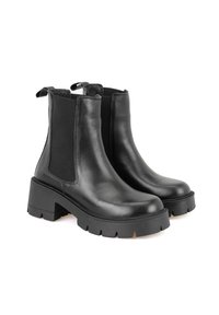 Schwarze Leder-Stiefeletten mit elastischen Seiteneinsätzen, klobigen Absätzen und robusten Sohlen. Verfügt über Zuglaschen für ein einfaches An- und Ausziehen und eine strukturierte Oberfläche.