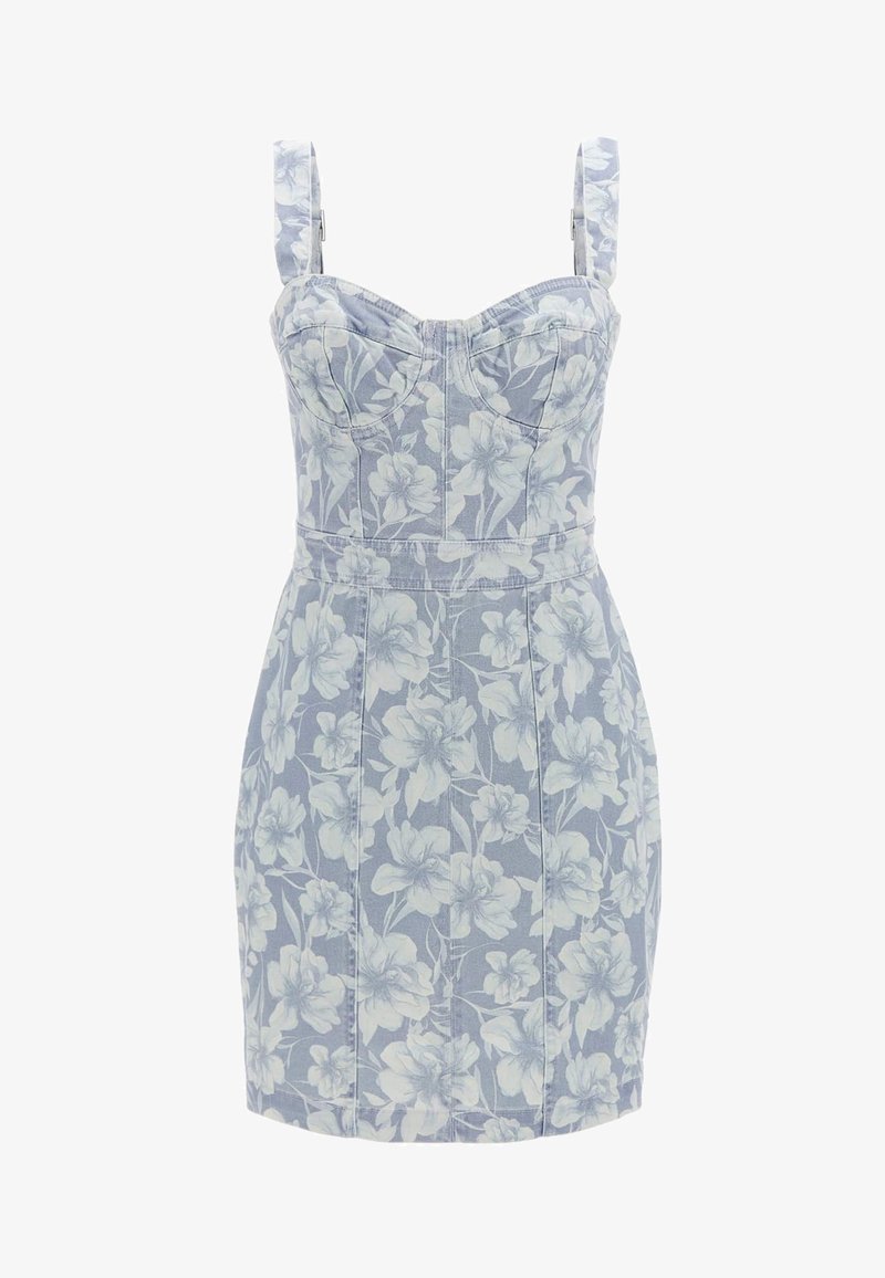 Robe mini ajustée sans manches avec motif floral bleu et blanc et détail structuré au niveau de la poitrine sur fond blanc.