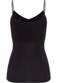Camisola nera con sottili spalline regolabili, caratterizzata da un design a V. Realizzata in materiale liscio e elasticizzato per un look aderente.