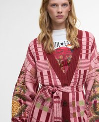 Buttoned cardigan in red and pink checkered pattern, featuring a belted waist, embroidered floral details on sleeves, and ribbed cuffs.