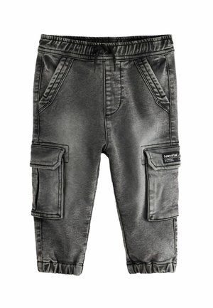 Pantaloni cargo neri realizzati in morbido tessuto, con due tasche laterali, due tasche cargo, polsini elasticizzati e vita regolabile con coulisse.